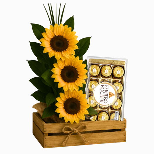 Trio de Girassol com Ferrero Rocher no Cachepo de Madeira