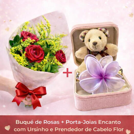Buquê de rosas + porta joia com ursinho e prendedor de cabelo c570