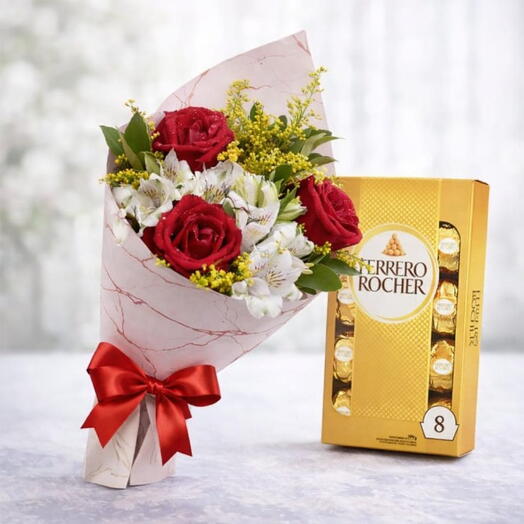 Trio de Rosas e Asteomerias com Chocolate