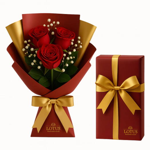 Trio de Rosas com Caixa de Bombom Embrulhada