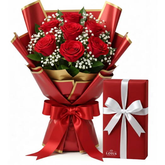 Buquê de 7 Rosas (Escolha a cor) com Caixa de Bombom