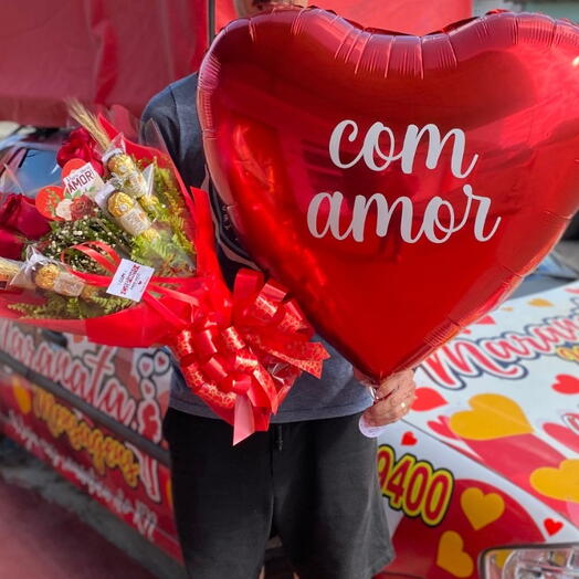 Buquê de Flores com Ferrero Rocher com Balão Maxxi