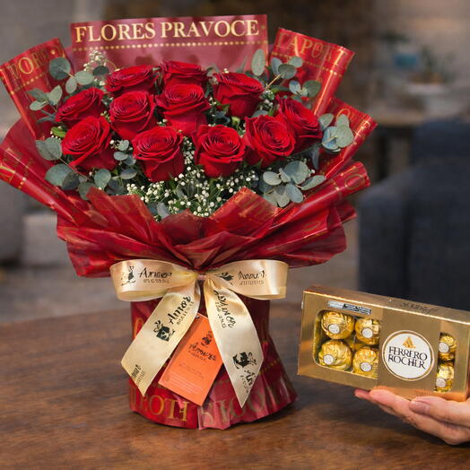 Buquê Premium Coreano com 12 Rosas + Ferrero Rocher (8 un.)