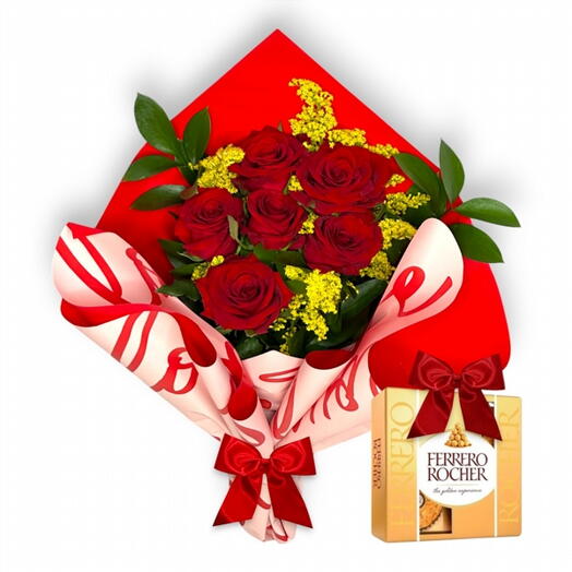 Buque de 6 Rosas Vermelhas Importadas + Ferrero Rocher