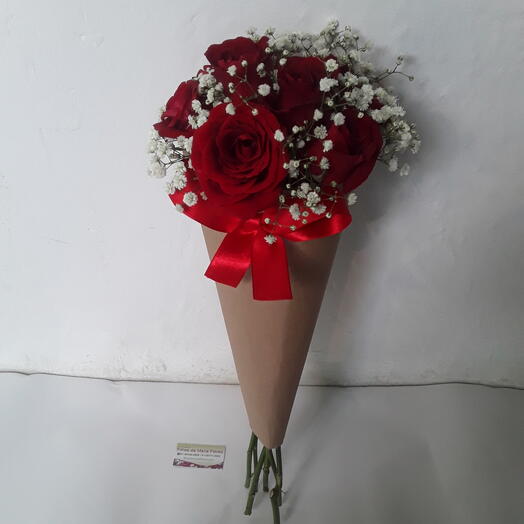 Cone com 7 rosas Vermelha e gipsofila