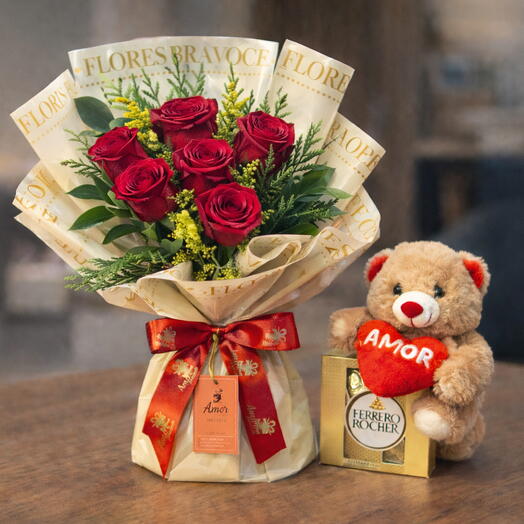Buquê Premium Coreano com 6 Rosas + Ursinho + Ferrero Rocher