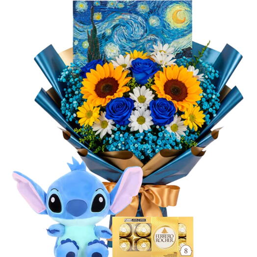 Buquê de Girassois Van Gogh + Stitch + Ferrero Rocher