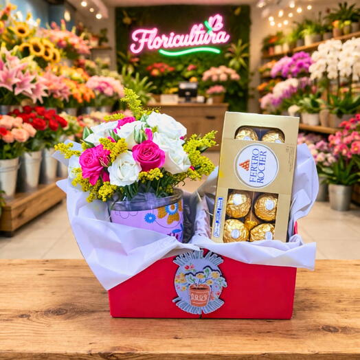 Cesta com caneca Floresça e Bombons Ferrero Rocher