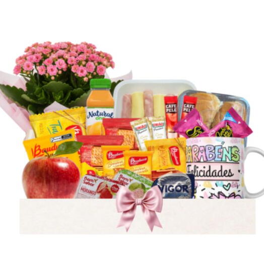 Cesta de Cafe Com Flores, Frutas e Caneca
