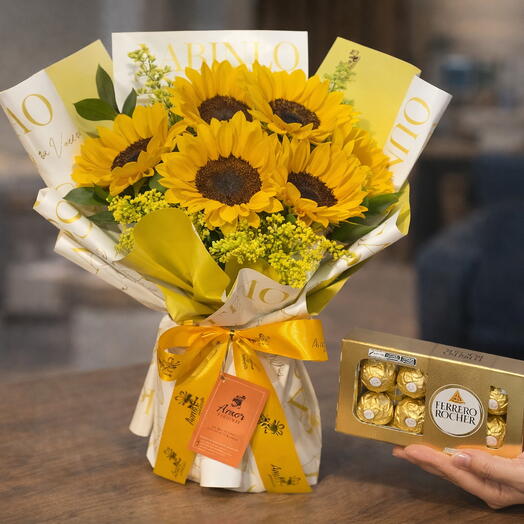 Buquê Coreano Premium de 6 Girassois com Ferrero Rocher