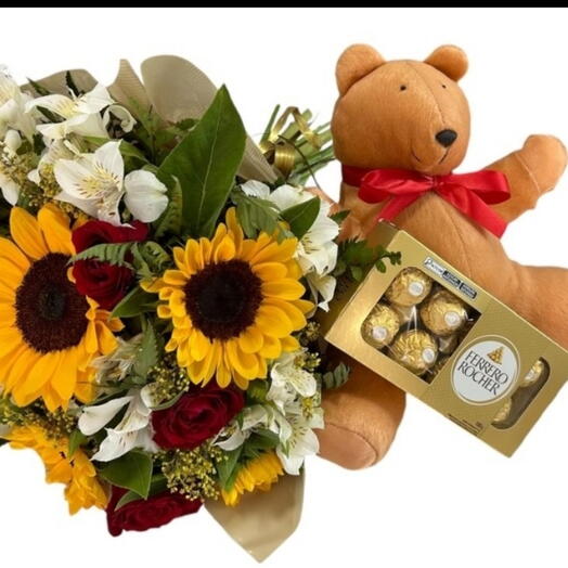 Buquê de Flores+Pelucia+Ferrero Rocher