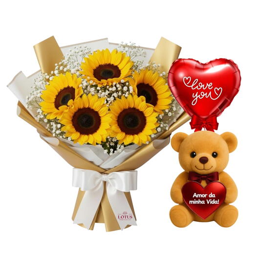 Kit: Buquê de 5 Girassois +Urso Medio Amor da Minha Vida + Balão Eu Te Amo Pra Sempre