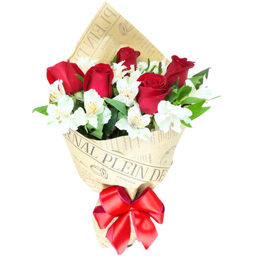 Buquê Classico de 5 Rosas e Astromelias