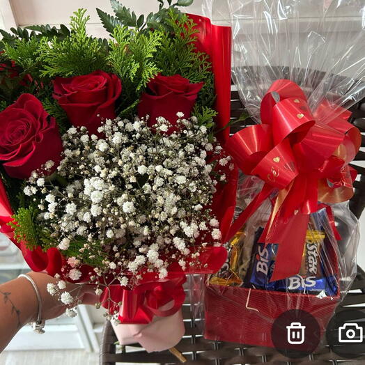 Kit Romântico 3, Ramalhete 3 Rosas , Cx de Chocolate