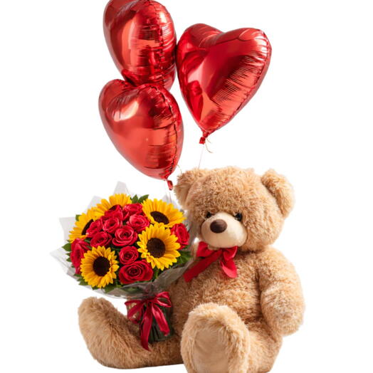 Exagerado Com Buquê De 12 Rosas E 6 Girassois Com 3 Balões Vermelhos