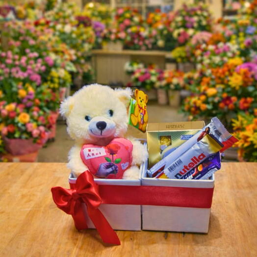 Cesta com urso de pelucia e chocolate