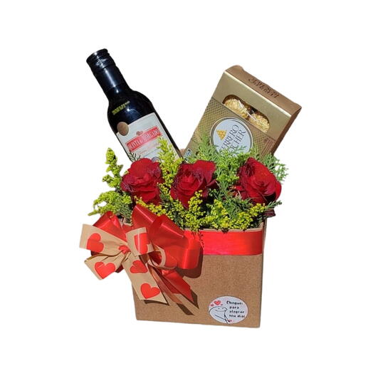 Box com Rosas Chocolate e Vinho