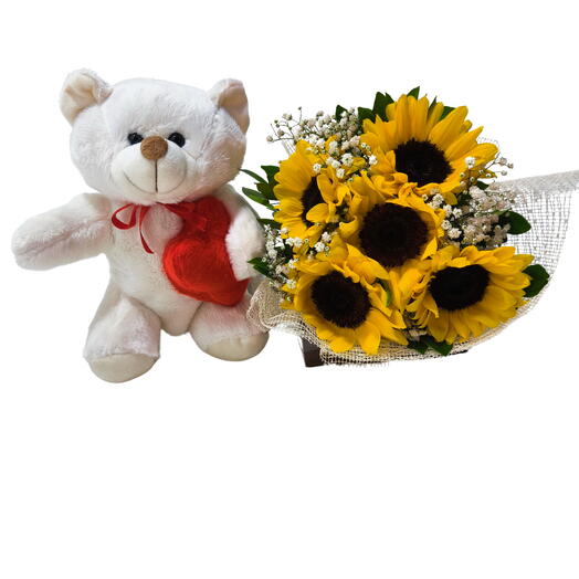 Buquê 5 Girassois e Urso Apaixonado