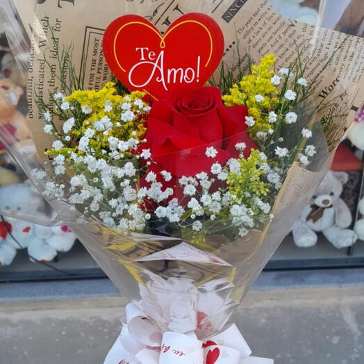 Mini Buquê C/ 1 Rosa e Plaquinha Te Amo