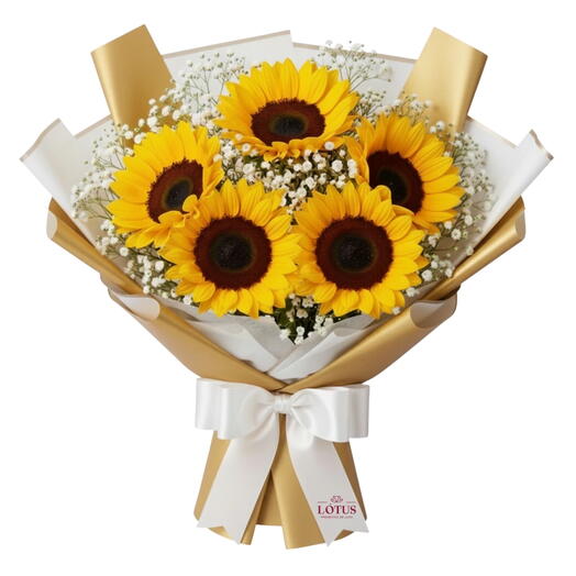 Buquê de 5 Girassois - Depois Que Te Conheci Fui Mais Feliz