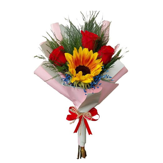 Trio Rosas Vermelhas e Girassol