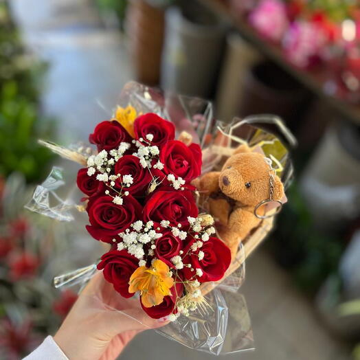 Rosas e Ursinha no Cachepo Coração