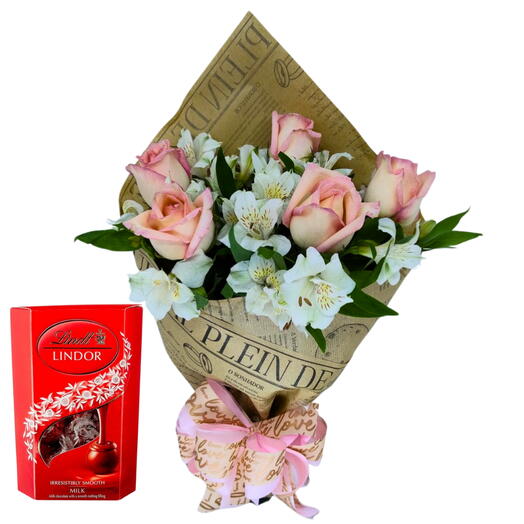 Buquê de Rosas e Astromelias com Chocolate Lindt Lindor