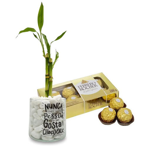 Bambu da Sorte com Vaso em Vidro + Caixa de Chocolate Ferrero Rocher