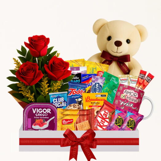 Cesta De Cafe Com Urso, Flores E Caneca