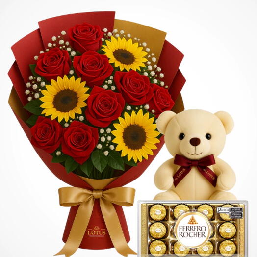 Kit Surpresa Especial: Buquê de 8 Rosas e 3 Girassois + Ferrero Rocher 12 unidades + Ursinho