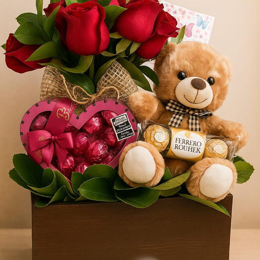 Kit Misto - Arranjo de rosas - Pelucia - Ferrero Rocher - Coração Bombonatti