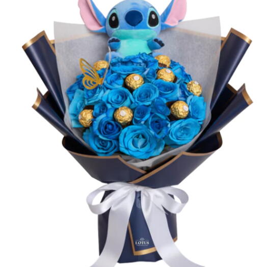 Buquê Ohana Azul Stitch + Ferrero Rocher