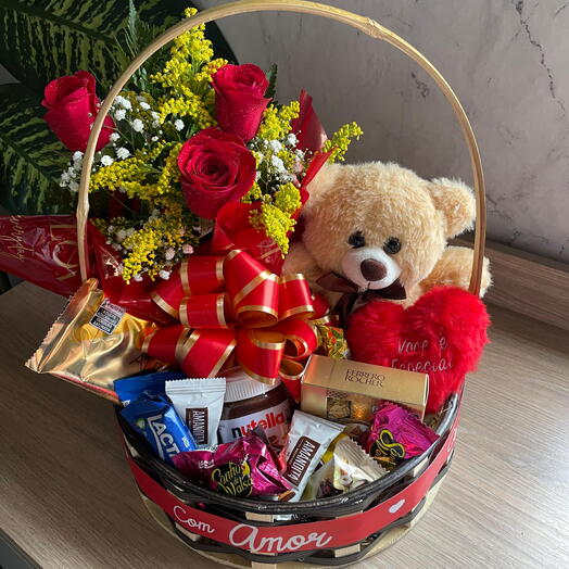 Combo Jaiminho, Cesta, Urso, Flores e Chocolate
