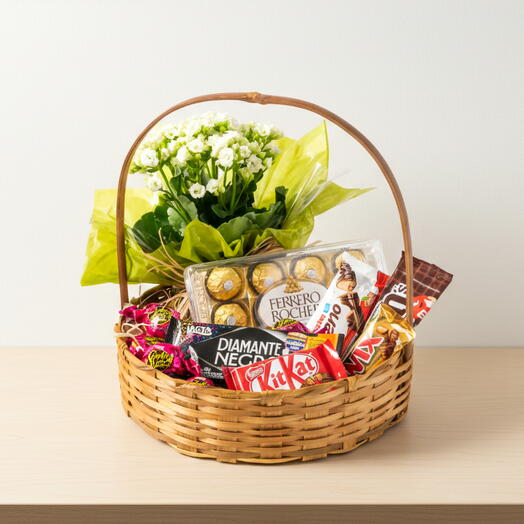 Cesta chocolate com vaso de flores