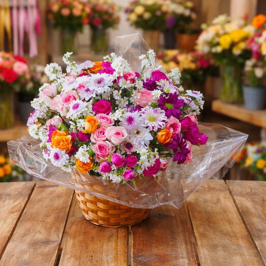 Arranjo no Vaso de Vime com Flores do Campo Variadas