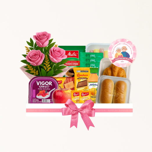 Cesta bom dia vovo com trio de rosas