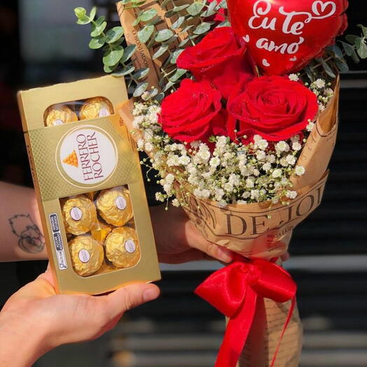 3 Rosas com Ferreiro Rocher Mais Balão