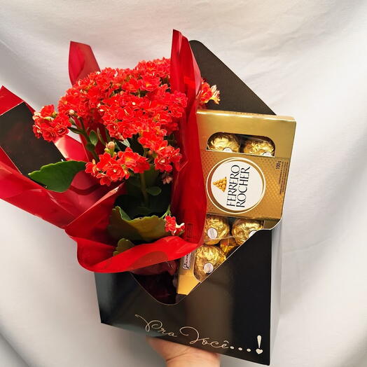 Caixa Envelope com Kalanchoe e Ferrero Rocher