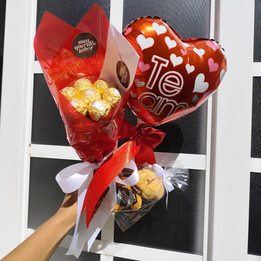 Buquê Ferrero Rocher + Pelucia, Balão coração e Bilhete