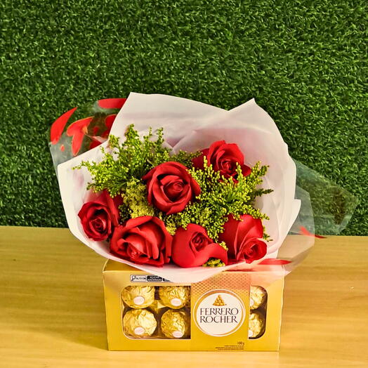 Bouquet com 6 Rosas Vermelhas e Ferrero Rocher