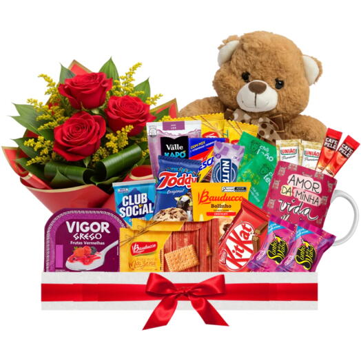Cesta Gesto de Carinho Trio de Rosas + Ursinho