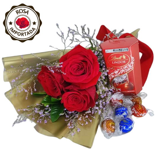 Buquê 3 Rosas Importadas – Beijo de Lindt
