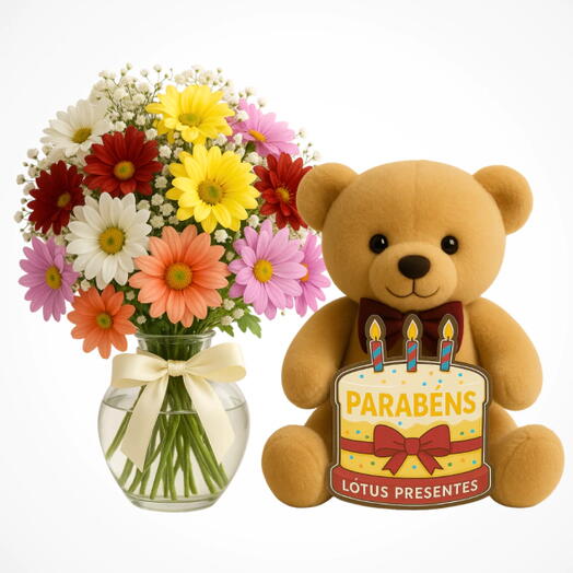 Ursinho Parabens + Delicado Mix de Flores Silvestres