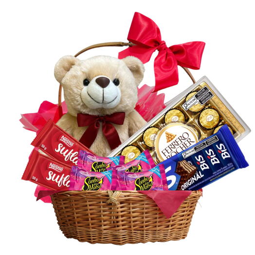 Cesta Amor com Chocolates e Ursinho