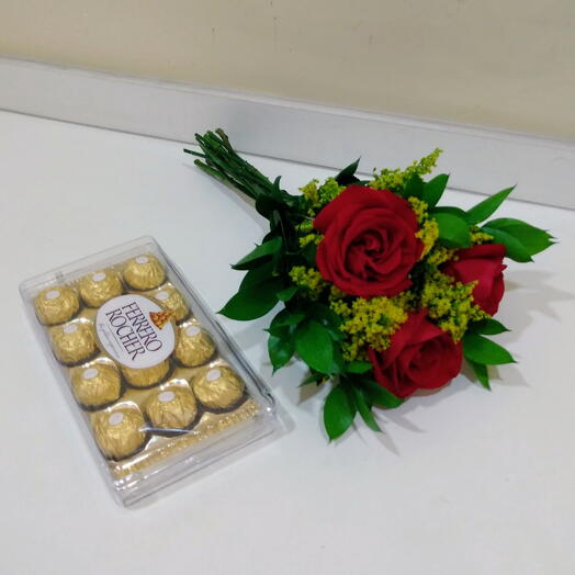 Buquê Rustico com 3 Rosas Vermelhas e Chocolate