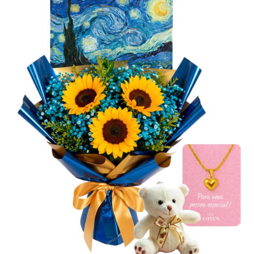 Trio de Girassois Noite Estrelada com Colar e Ursinho Piticoㅤㅤ