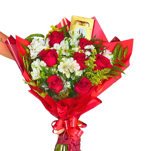 Buquê 7 Rosas vermelhas e Ferrero Rocher