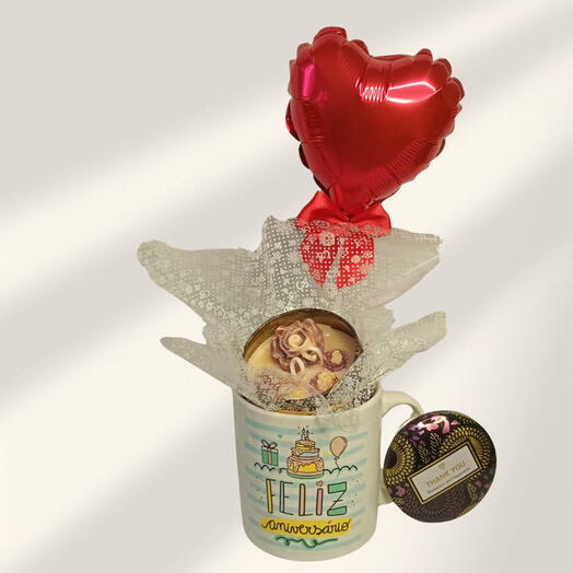 Kit Caneca Feliz Aniversario e Vela Mandala