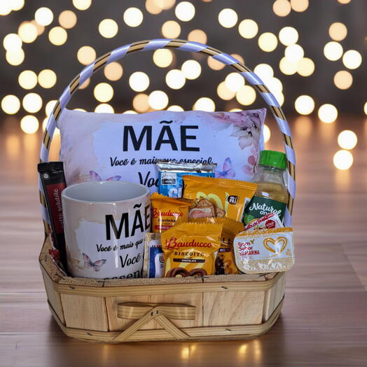 Cesta Cafee da Manhã Mãe com Almofada e Caneca "Mãe Você e Mais que Especial, Você e Essencial""