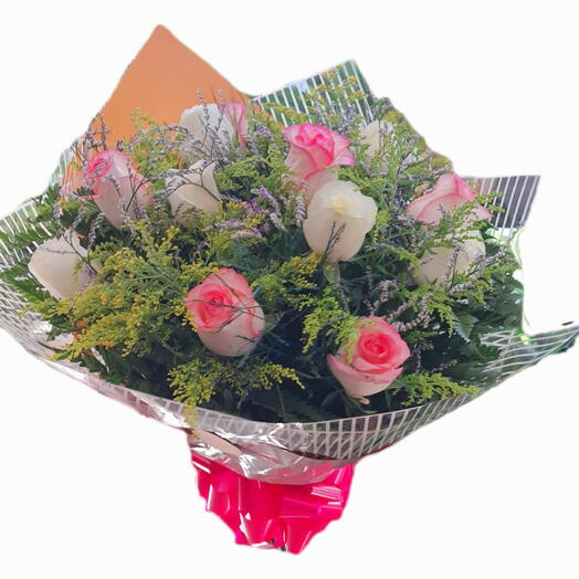 Buquê 12 Rosas-  Cor de Rosa e Branco